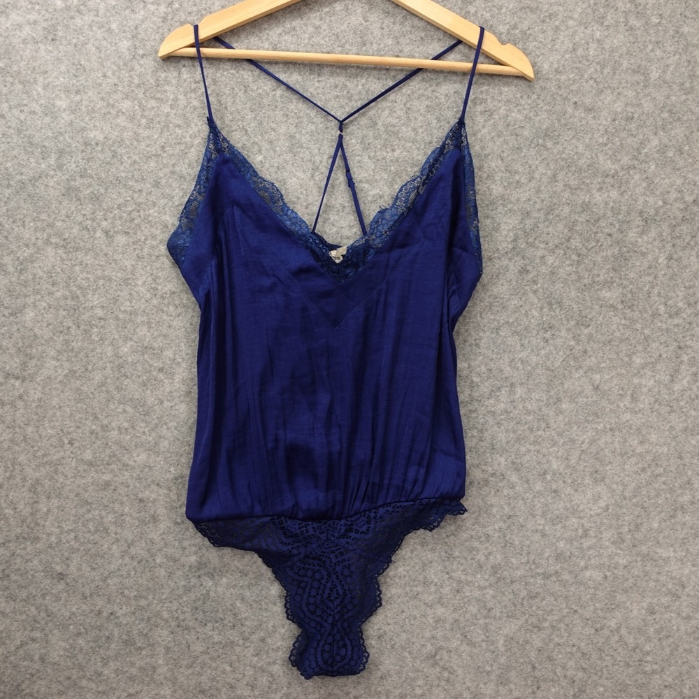 Free People Lace Bodysuit Womens XS Blue Thong Cami Strappy Top Sexy Coquette